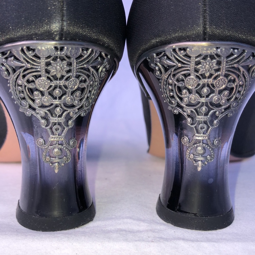 Salvatore Ferragamo “Boemia,” Black Silk Like Fabric, 2.75” Lucite Heel w/Lace